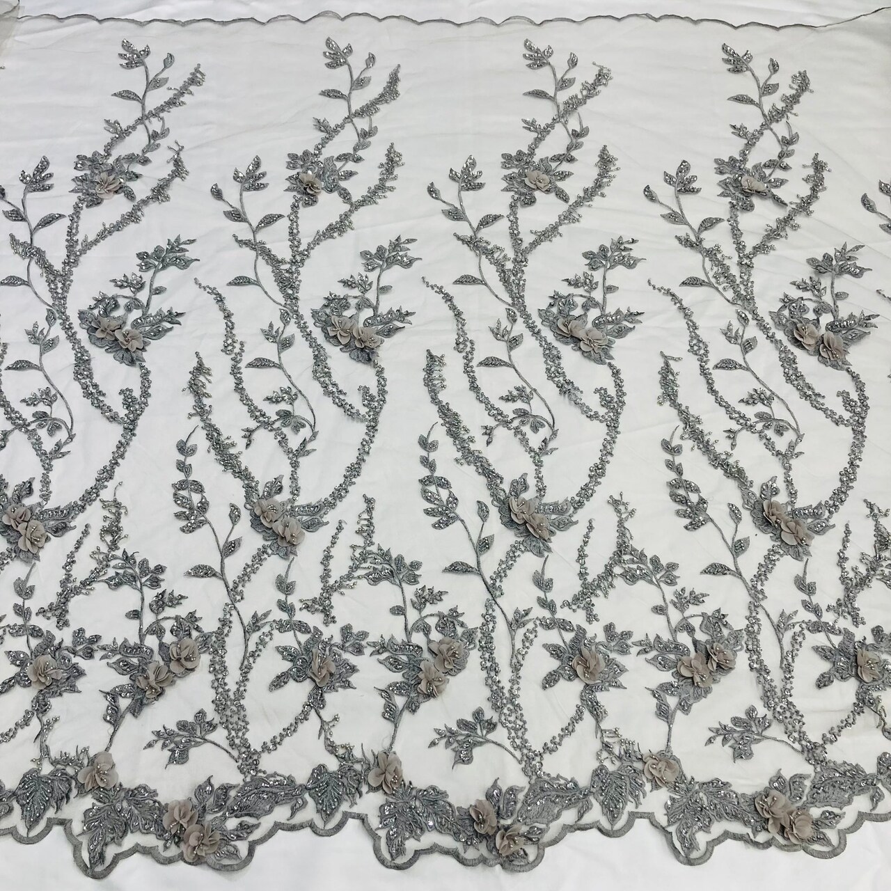 1 Yard Beaded 3D Floral Lace Fabric Embroidered on Premium Polyester Mesh 48 Inches Width